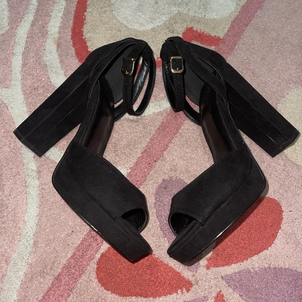 Black Suede Open-Toe Block Heeled Sandals